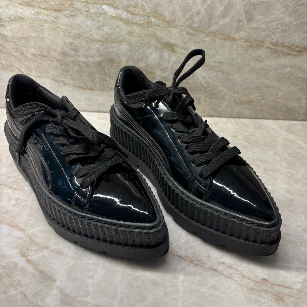 Fenty Puma by Rihanna Pointy Creeper Black Patent Leather Platform Sneakers